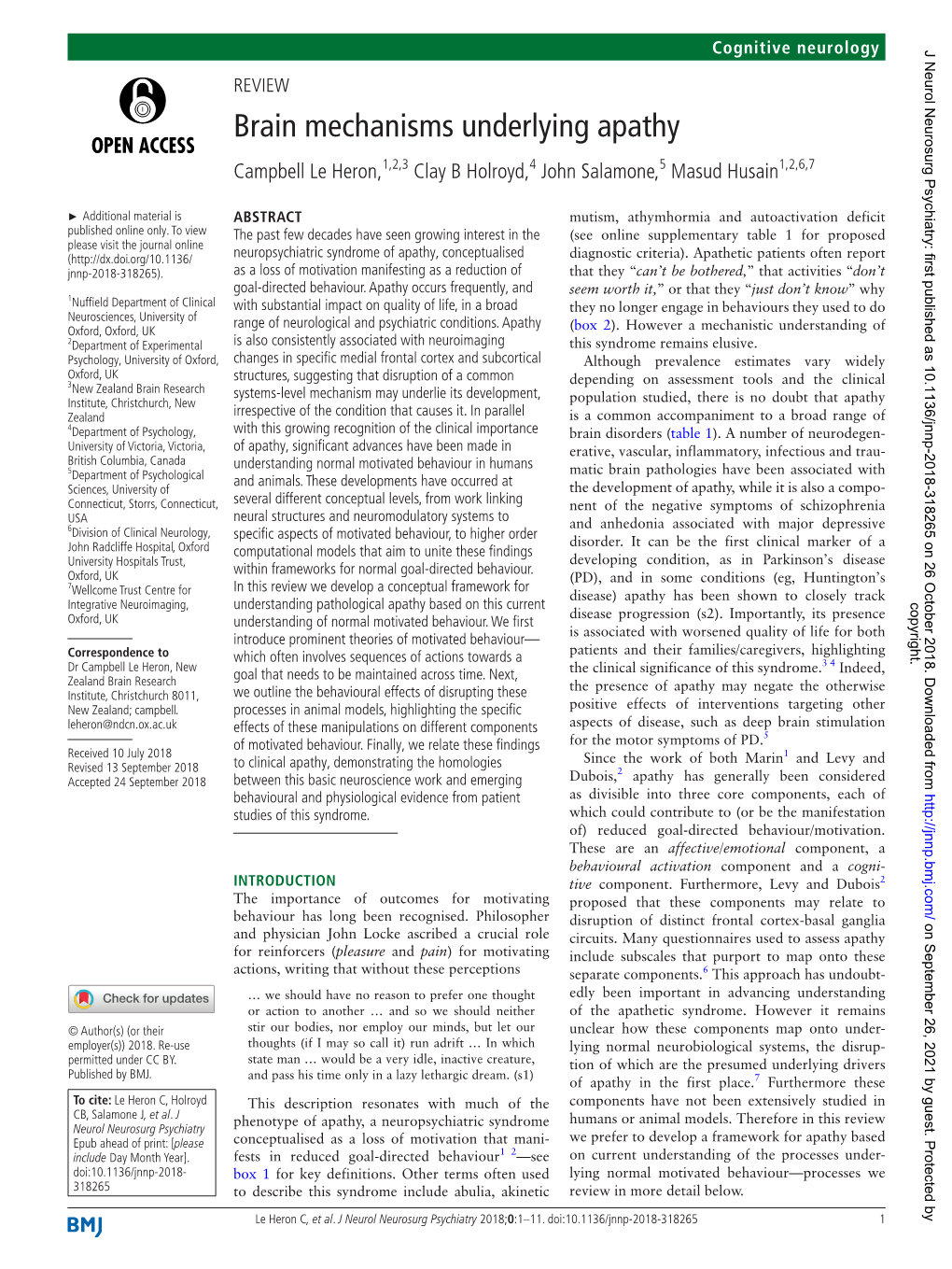 Brain Mechanisms Underlying Apathy Campbell Le Heron,1,2,3 Clay B Holroyd,4 John Salamone,5 Masud Husain1,2,6,7