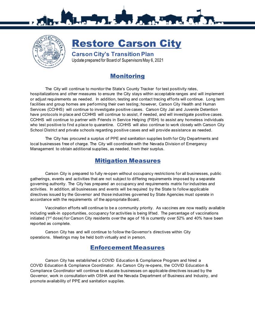 Restore Carson City Carson City’S Transition Plan Update Prepared for Board of Supervisors May 6, 2021