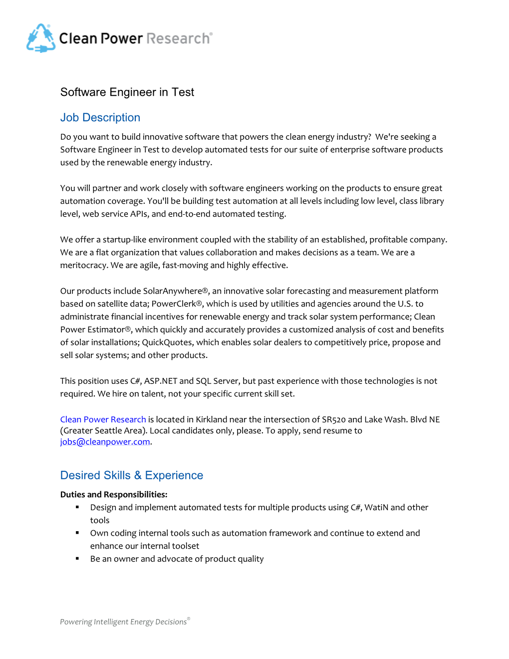 Software Engineer in Test Job Description Desired Skills
