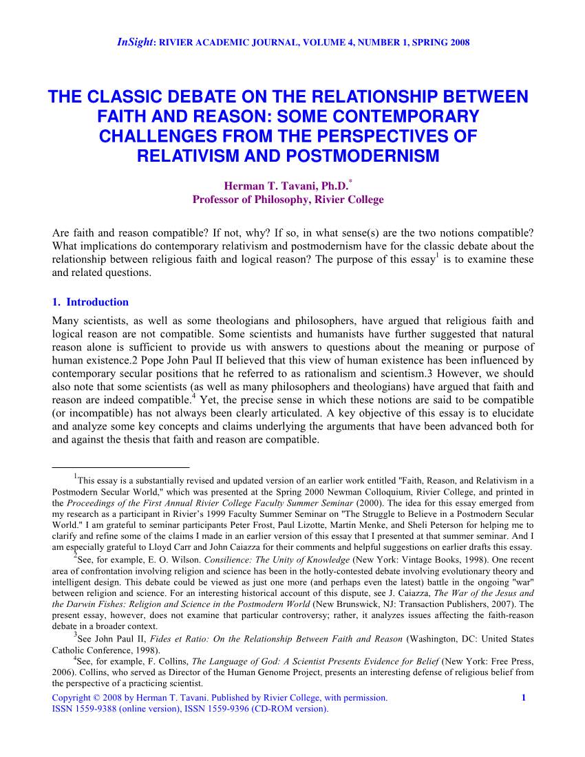 The Classic Debate on the Relationship Between Faith and Reason: Some Contemporary Challenges from the Perspectives of Relativism and Postmodernism