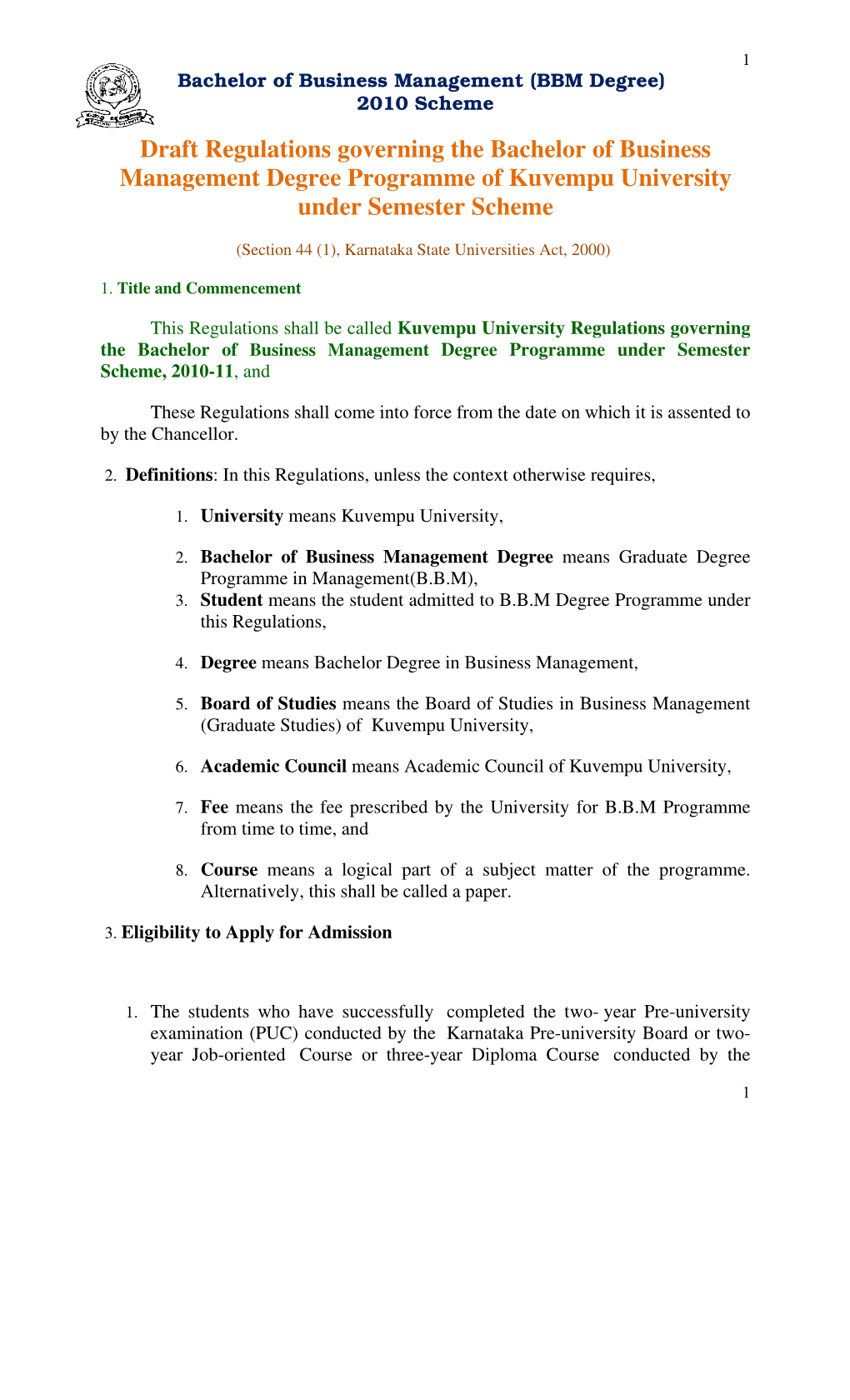 Draft Regulations Governing the Bachelor of Business Management Degree Programme of Kuvempu University Under Semester Scheme