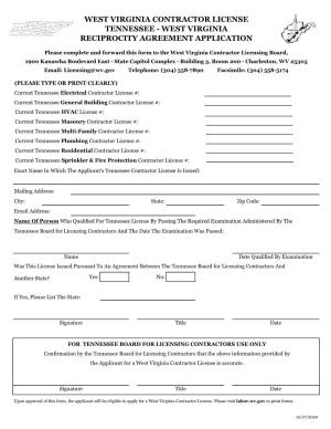 West Virginia Contractor License Tennessee - West Virginia Reciprocity Agreement Application