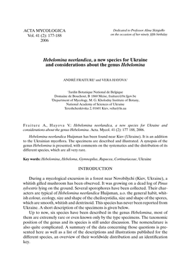 Hebelomina Neerlandica, a New Species for Ukraine and Considerations About the Genus Hebelomina