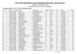 DOCTOR HARISINGH GOUR VISHWAVIDYALAYA, SAGAR (M.P.) Entrance Test Result - 2018 Roll Number Wise List of All Candidates Programme Code : U.G
