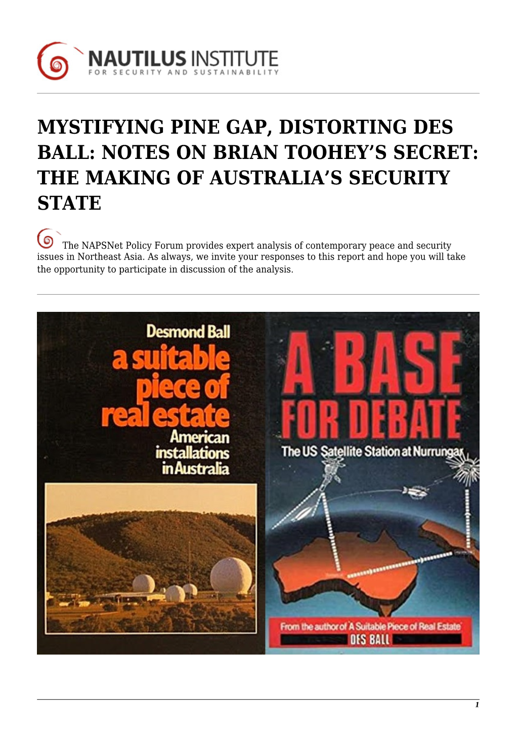 Mystifying Pine Gap, Distorting Des Ball: Notes on Brian Toohey’S Secret: the Making of Australia’S Security State