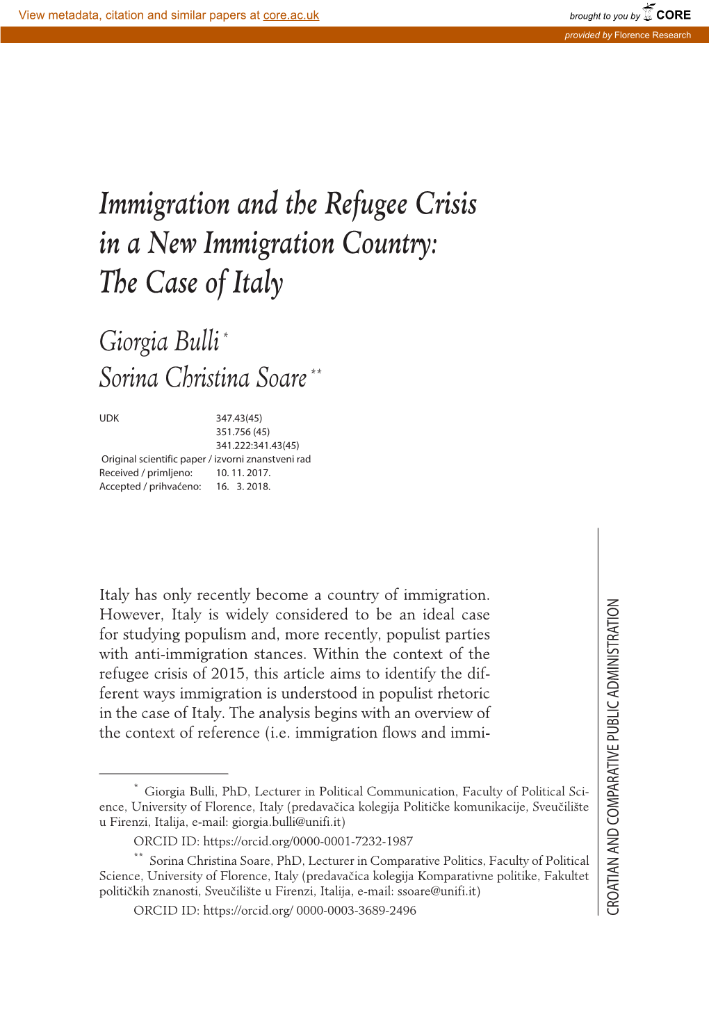 Immigration and the Refugee Crisis in a New Immigration Country: the Case of Italy