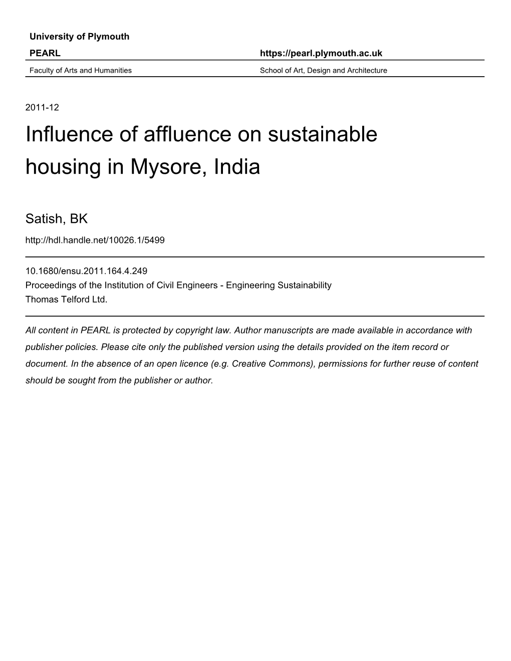 Influence of Affluence on Sustainable Housing in Mysore, India