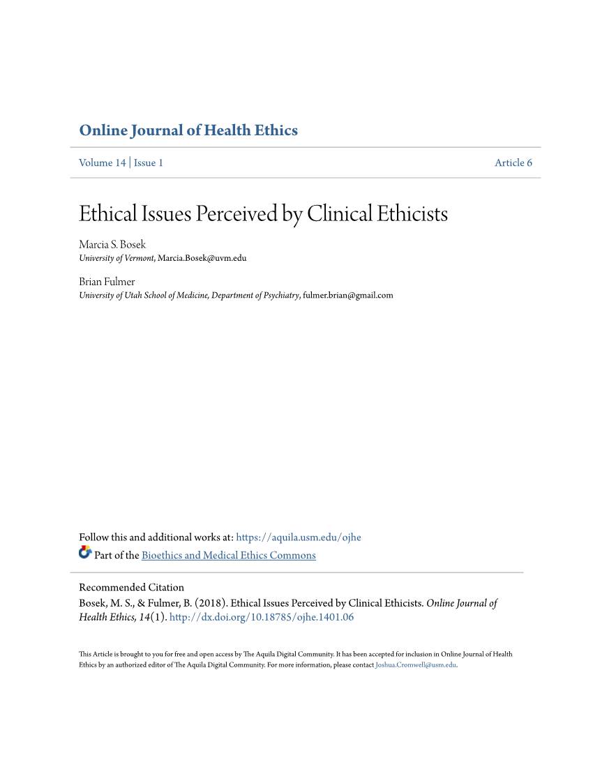 Ethical Issues Perceived by Clinical Ethicists Marcia S