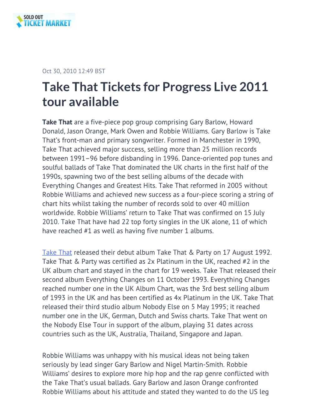 Take That Tickets for Progress Live 2011 Tour Available