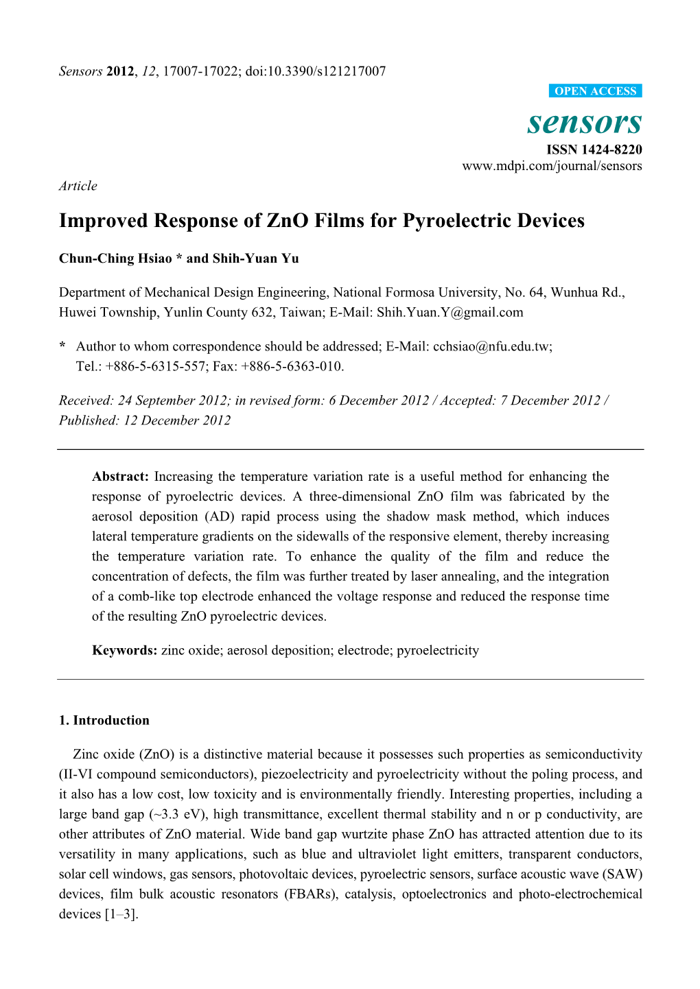 Improved Response of Zno Films for Pyroelectric Devices