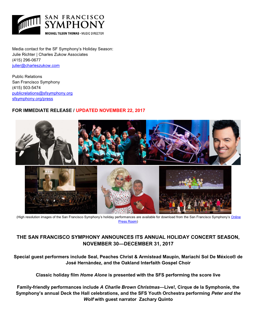 The San Francisco Symphony Announces Its Annual Holiday Concert Season, November 30—December 31, 2017