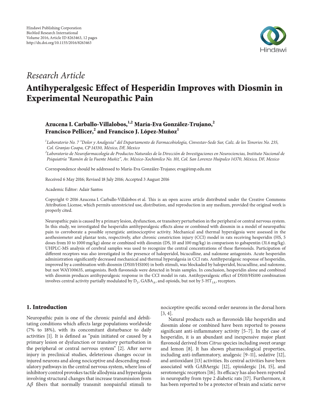 Antihyperalgesic Effect of Hesperidin Improves with Diosmin in Experimental Neuropathic Pain