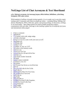 Netlingo List of Chat Acronyms & Text Shorthand