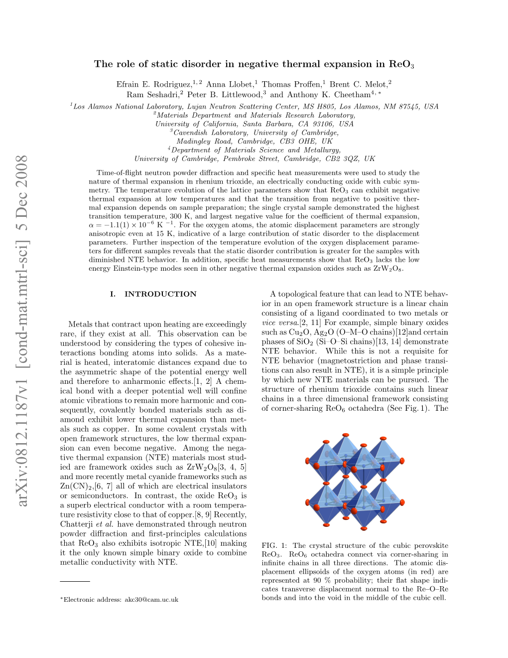 The Role of Static Disorder in Negative Thermal Expansion in Reo3