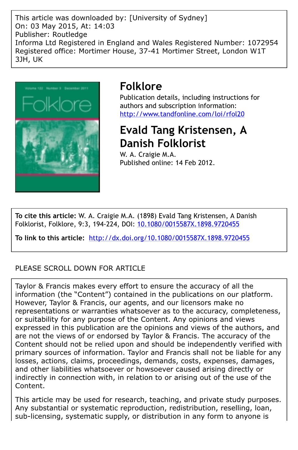 Folklore Evald Tang Kristensen, a Danish Folklorist