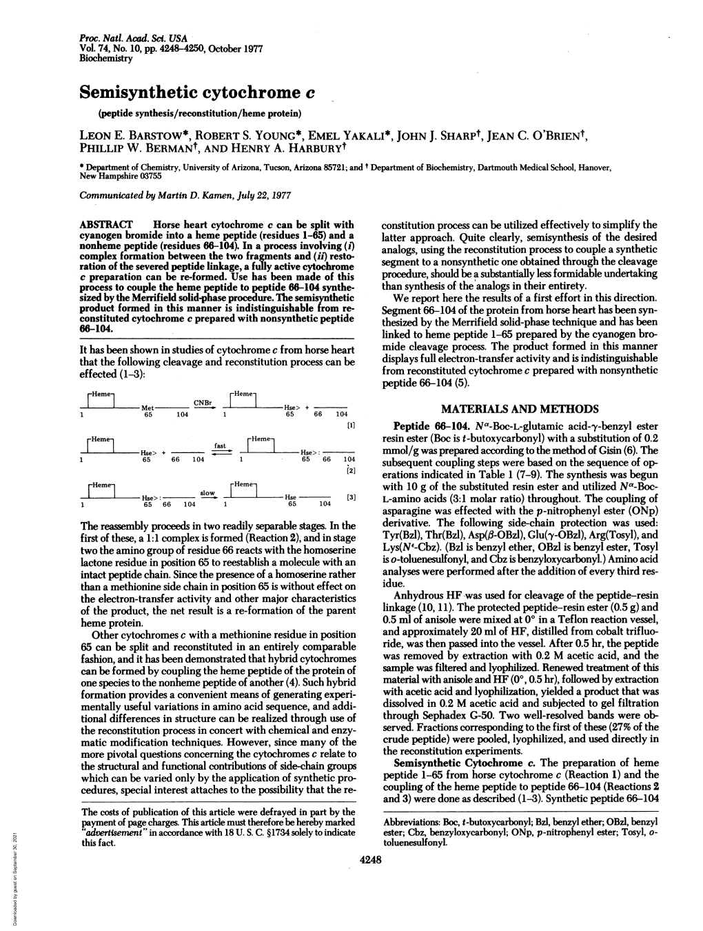 Semisynthetic Cytochrome C (Peptide Synthesis/Reconstitution/Heme Protein) LEON E