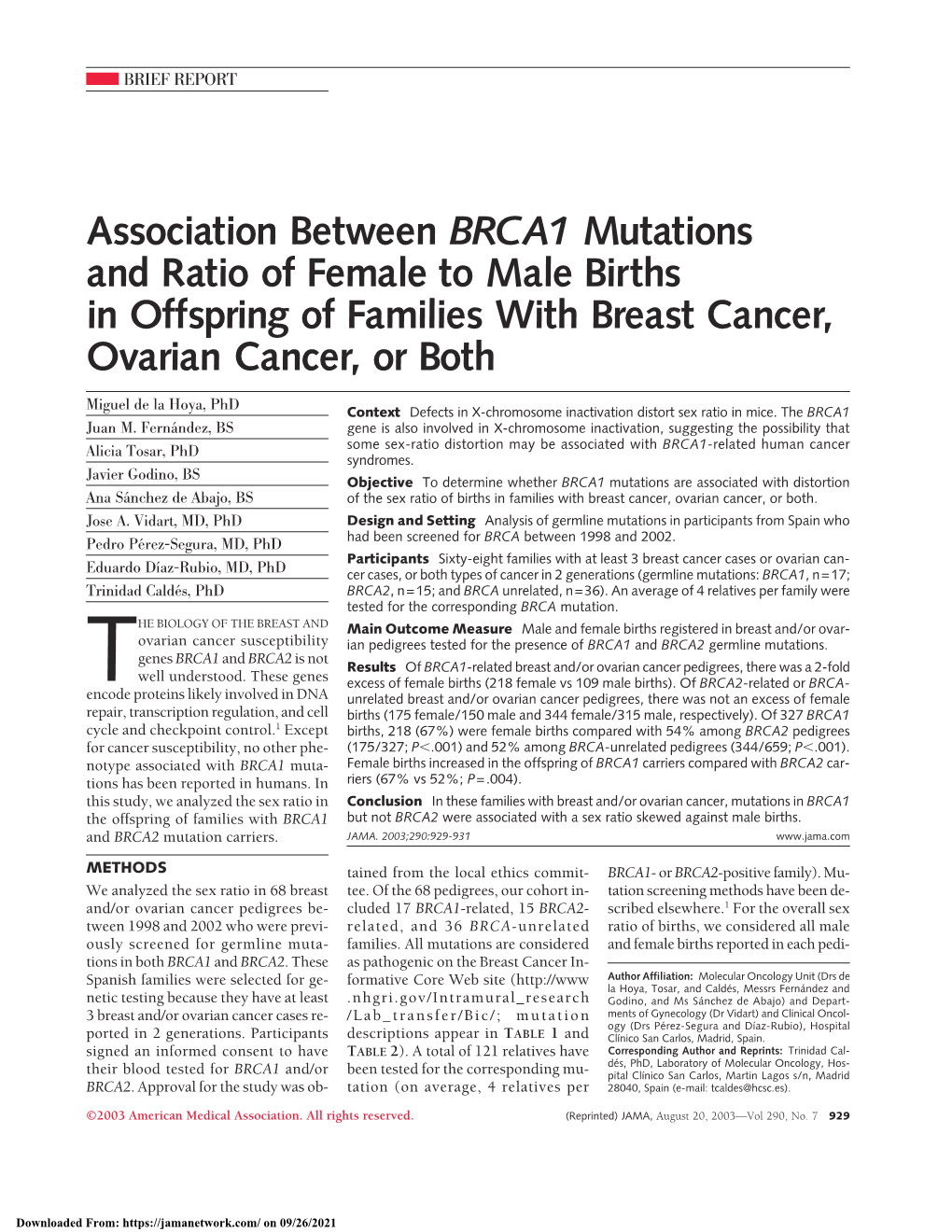 Association Between BRCA1 Mutations and Ratio of Female to Male Births in Offspring of Families with Breast Cancer, Ovarian Cancer, Or Both