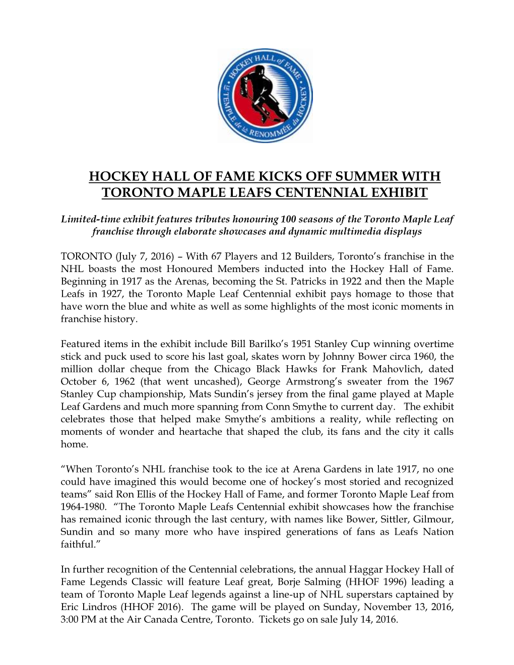Hockey Hall of Fame Kicks Off Summer with Toronto Maple Leafs Centennial Exhibit
