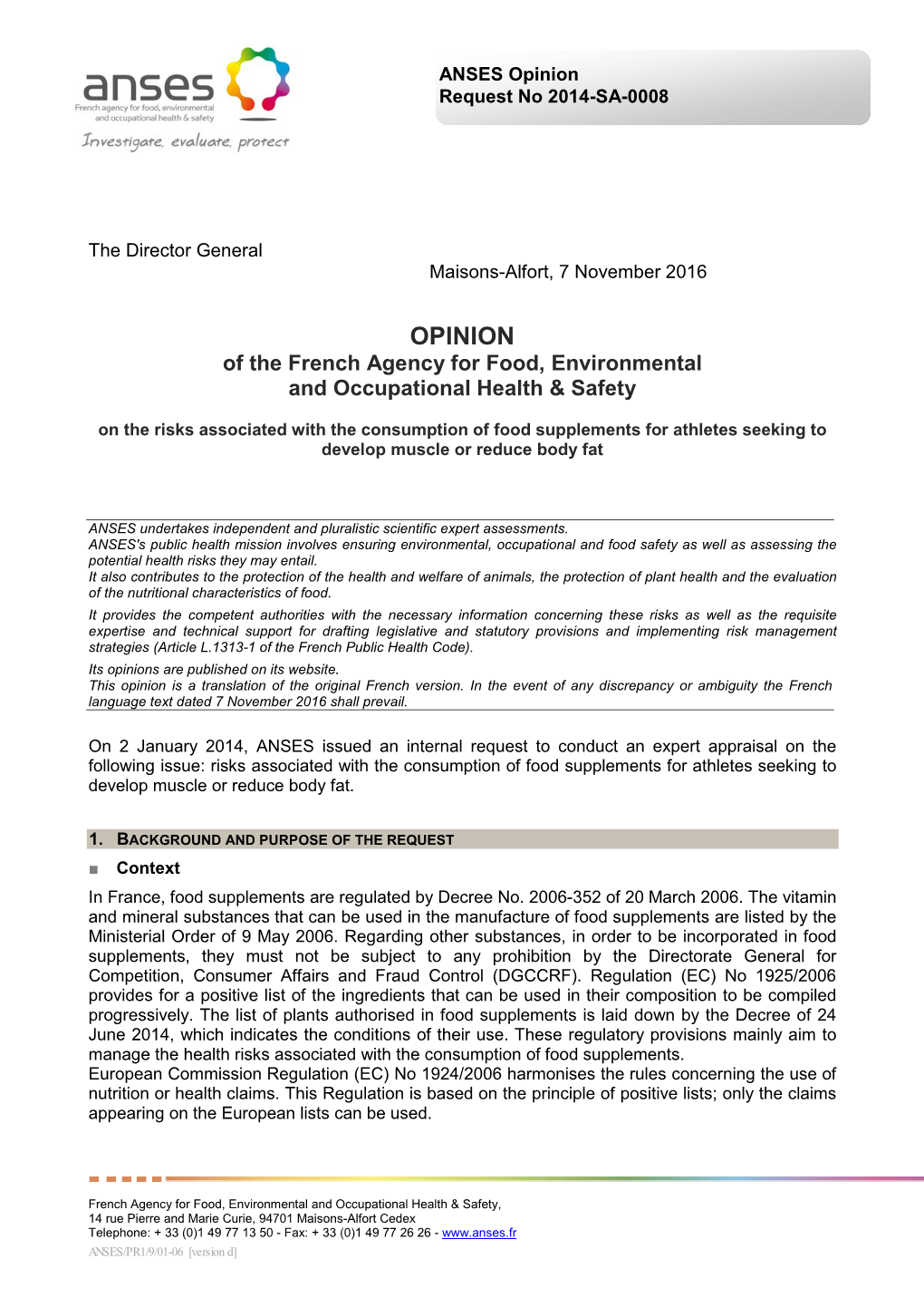 ANSES Opinion on the Risks Associated with the Consumption of Food Supplements for Athletes Seeking to Develop Muscle Or Reduce