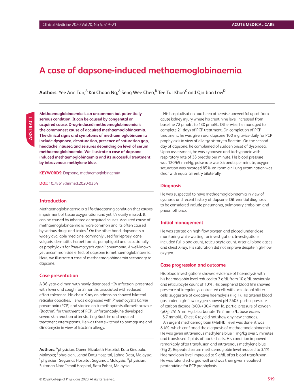A Case of Dapsone-Induced Methaemoglobinaemia