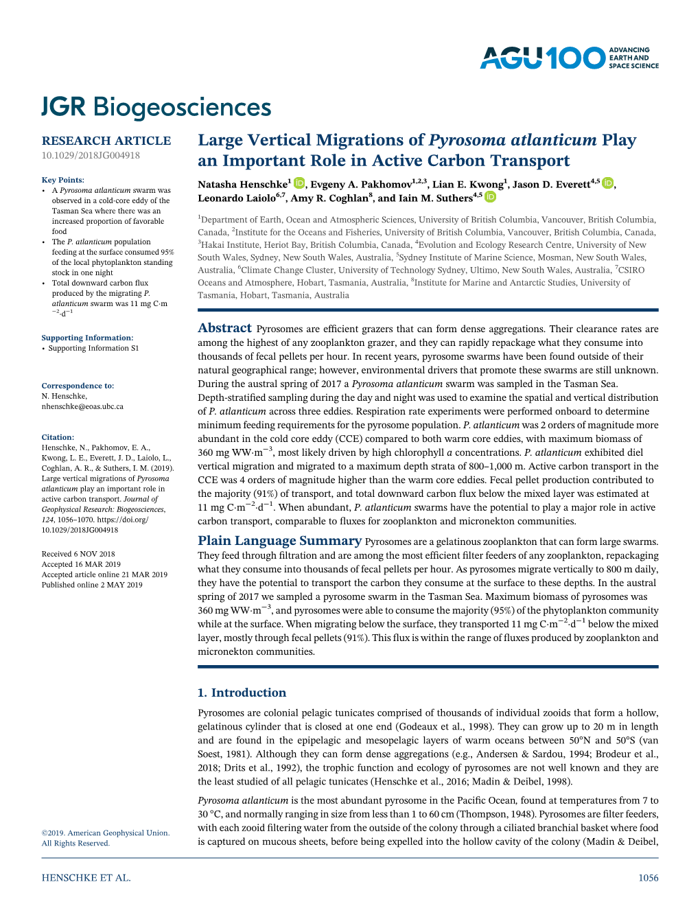 Large Vertical Migrations of Pyrosoma Atlanticum Play an Important Role