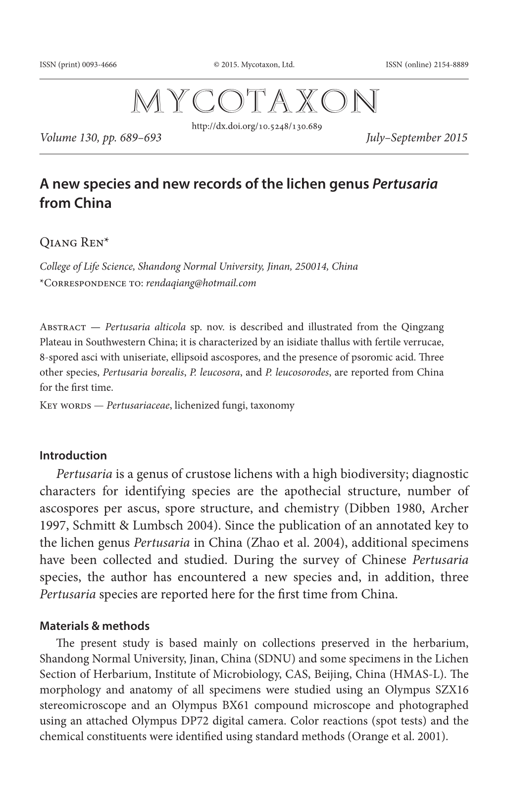 A New Species and New Records of the Lichen Genus &lt;I&gt;Pertusaria&lt;/I&gt;