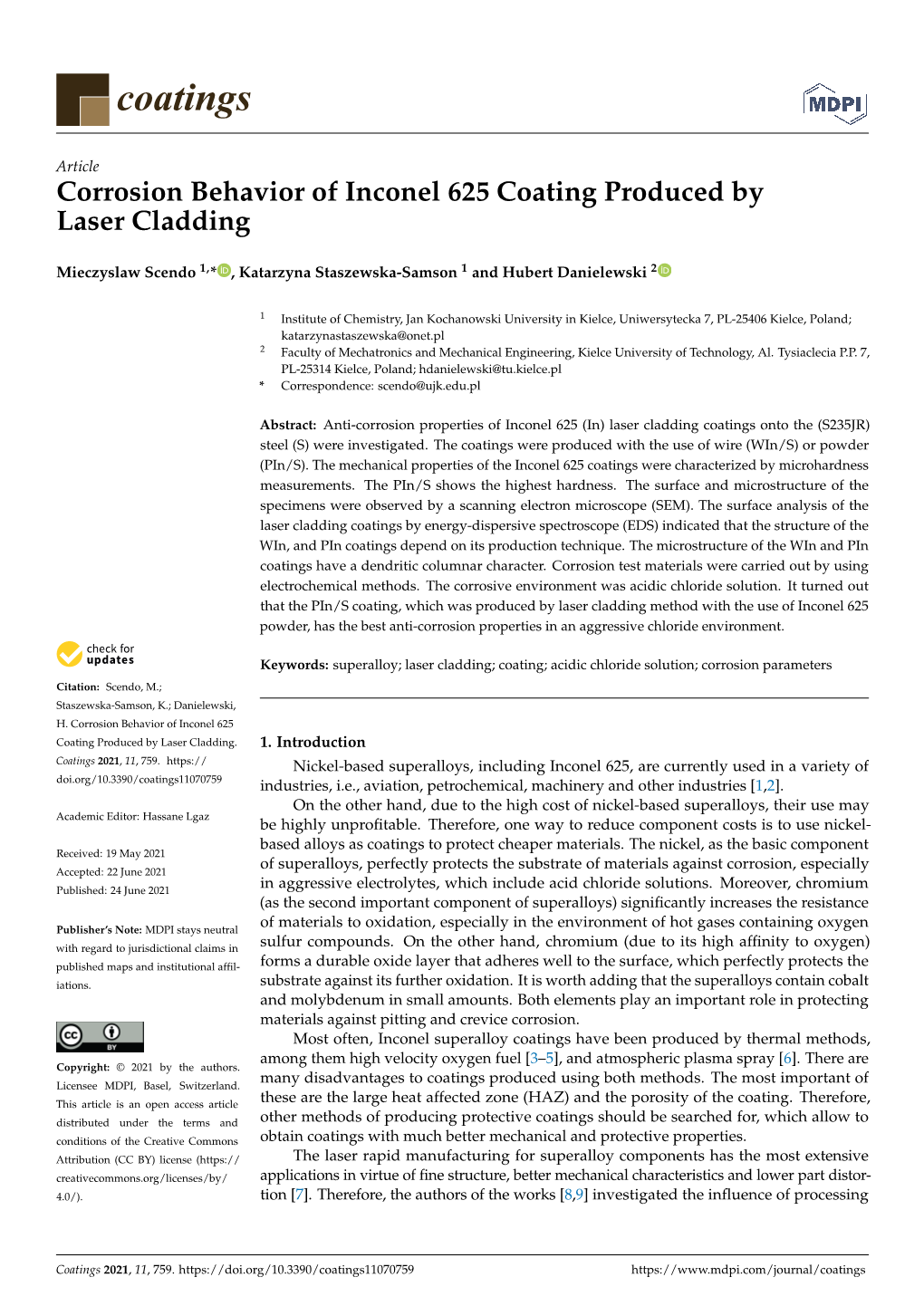 Corrosion Behavior of Inconel 625 Coating Produced by Laser Cladding