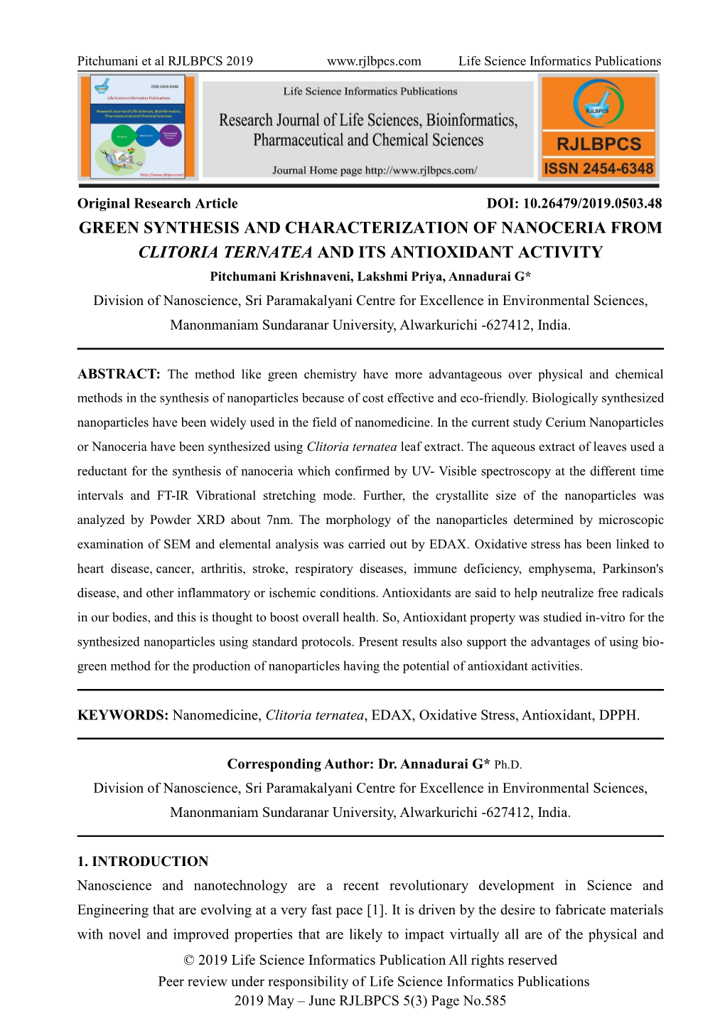 Green Synthesis and Characterization of Nanoceria from Clitoria Ternatea and Its Antioxidant Activity