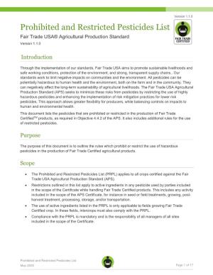 Prohibited and Restricted Pesticides List Fair Trade USA® Agricultural Production Standard Version 1.1.0