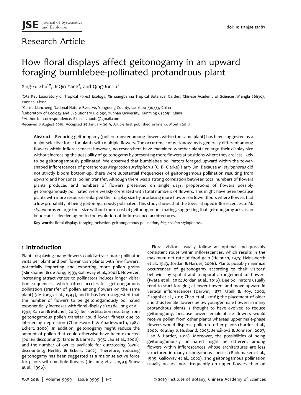 How Floral Displays Affect Geitonogamy in an Upward Foraging Bumblebee