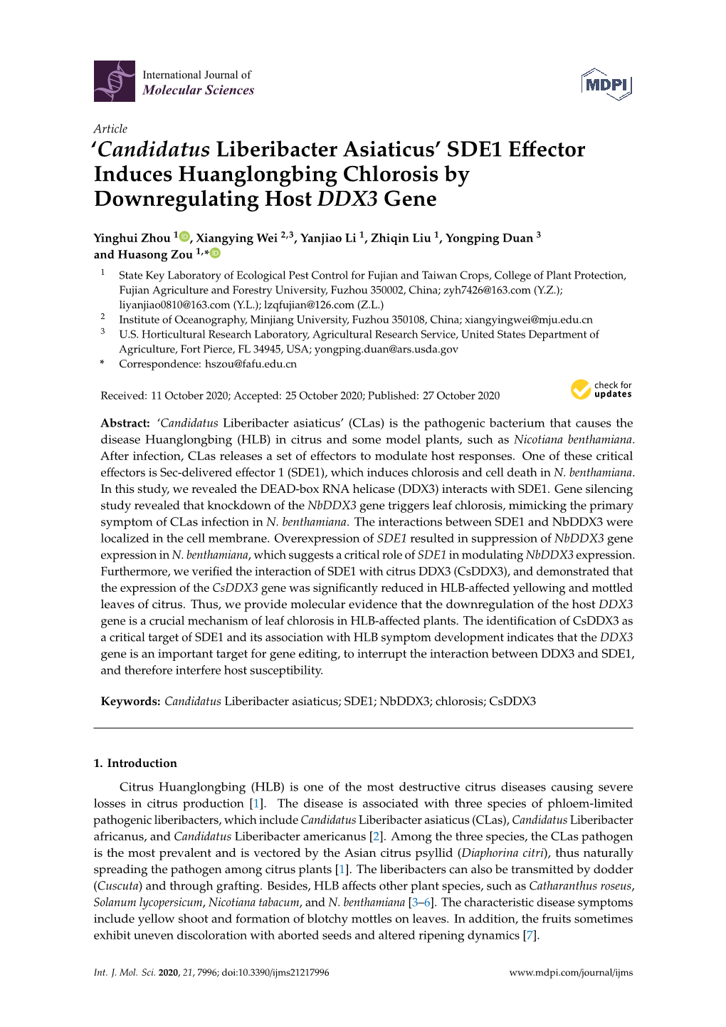 Candidatus Liberibacter Asiaticus’ SDE1 Eﬀector Induces Huanglongbing Chlorosis by Downregulating Host DDX3 Gene
