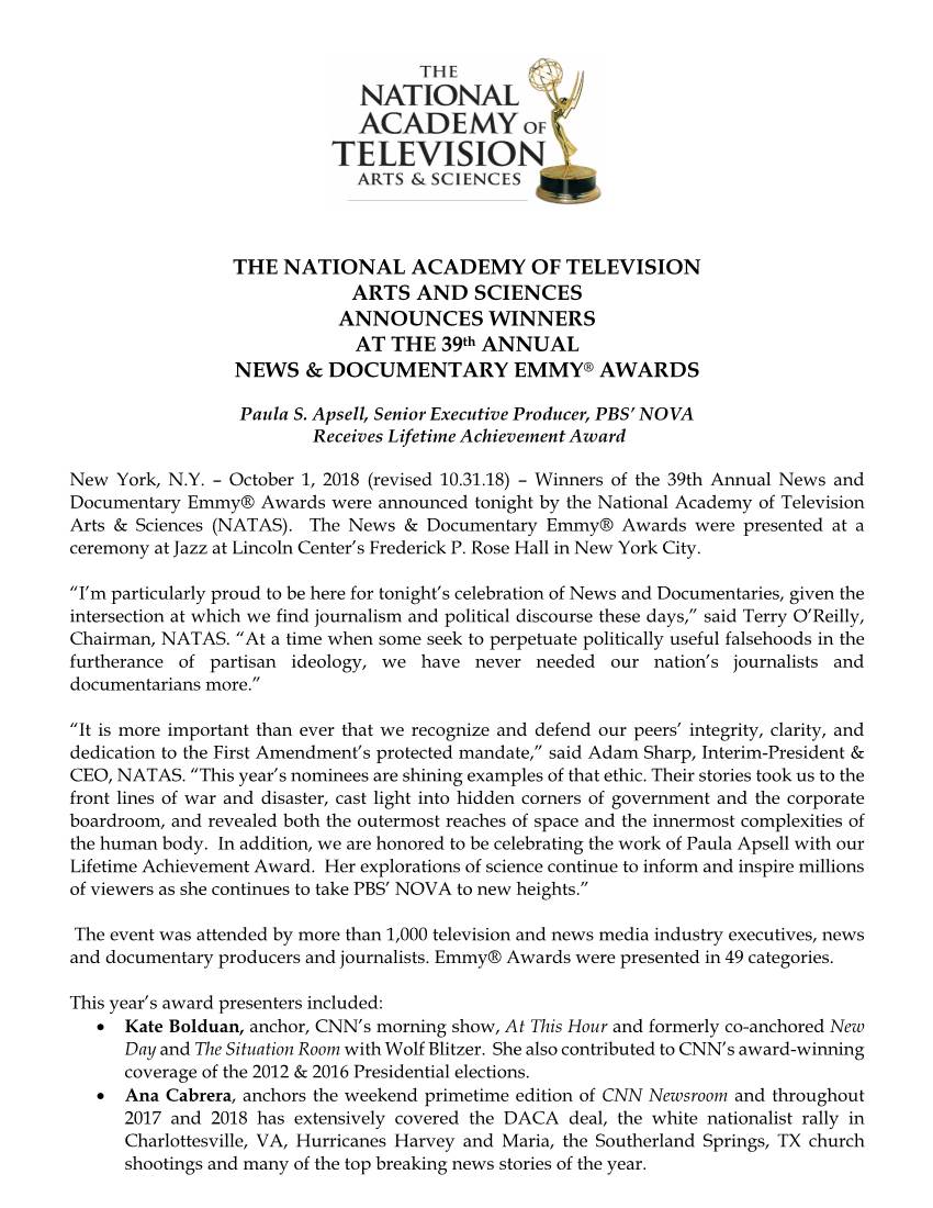 THE NATIONAL ACADEMY of TELEVISION ARTS and SCIENCES ANNOUNCES WINNERS at the 39Th ANNUAL NEWS & DOCUMENTARY EMMY® AWARDS