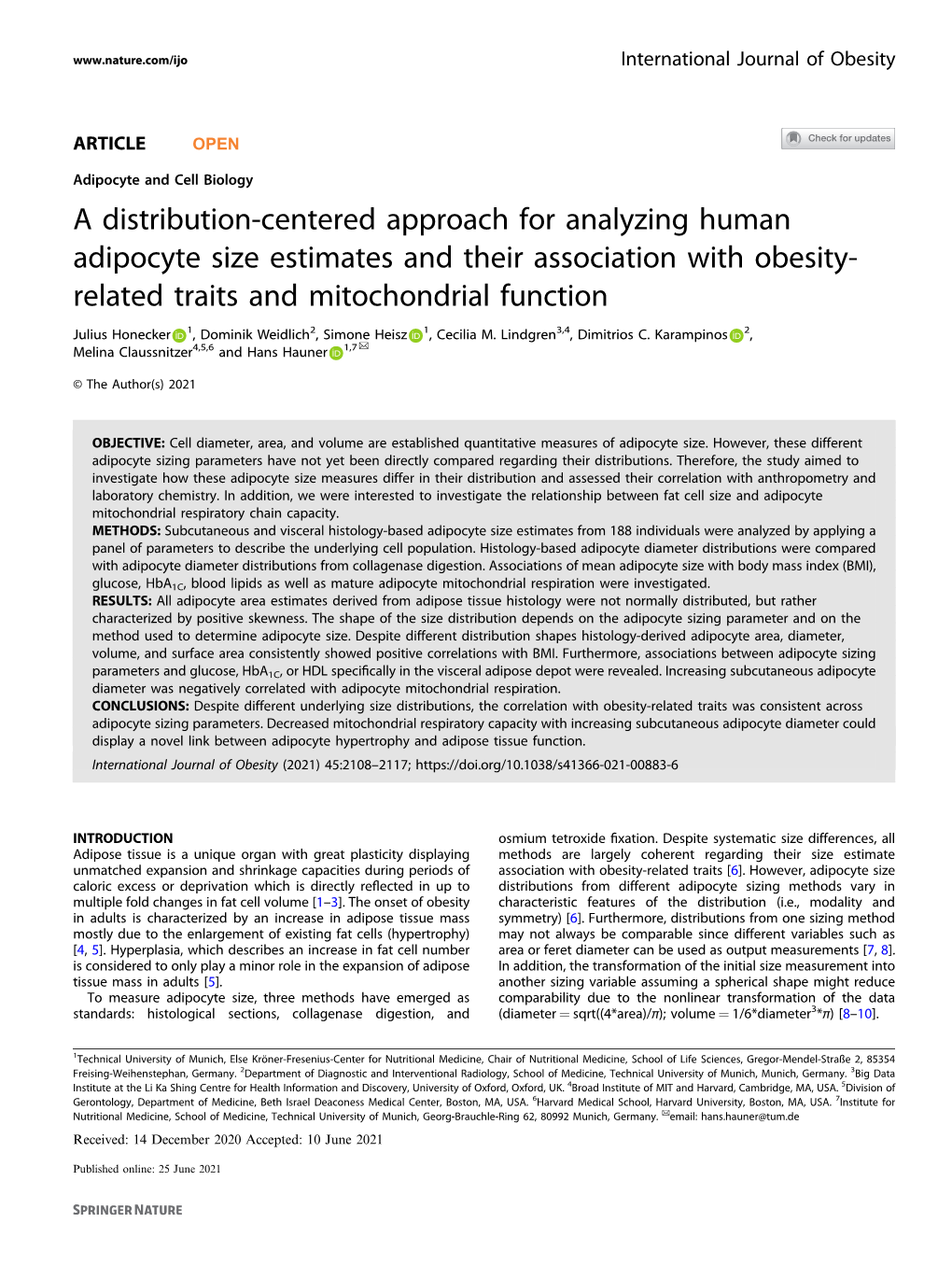 A Distribution-Centered Approach for Analyzing Human Adipocyte Size Estimates and Their Association with Obesity-Related Traits