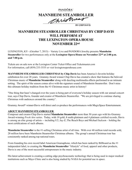 MANNHEIM STEAMROLLER CHRISTMAS by CHIP DAVIS WILL PERFORM at the LEXINGTON OPERA HOUSE NOVEMBER 22Nd