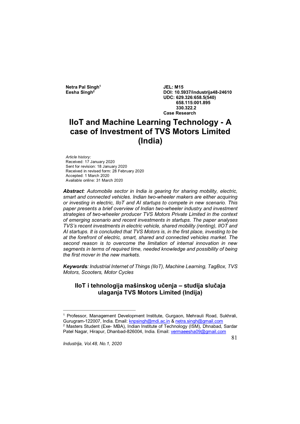 Iiot and Machine Learning Technology - a Case of Investment of TVS Motors Limited (India)