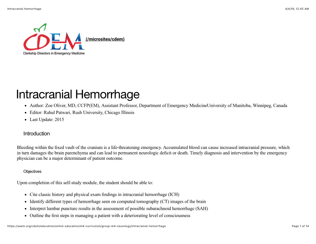 Intracranial Hemorrhage 4/4/19, 12�45 AM