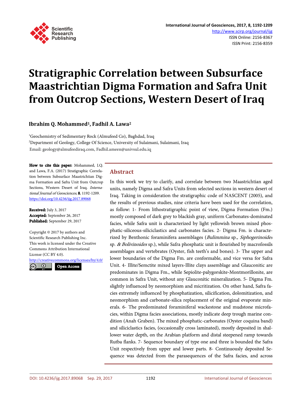 Stratigraphic Correlation Between Subsurface Maastrichtian Digma Formation and Safra Unit from Outcrop Sections, Western Desert of Iraq