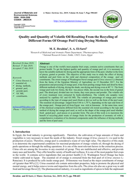 Quality and Quantity of Volatile Oil Resulting from the Recycling of Different Forms of Orange Peel Using Drying Methods