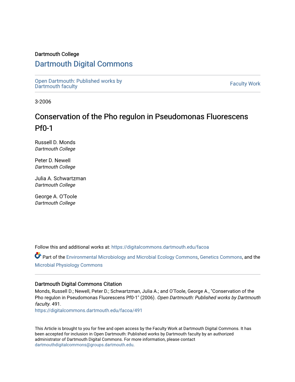 Conservation of the Pho Regulon in Pseudomonas Fluorescens Pf0-1