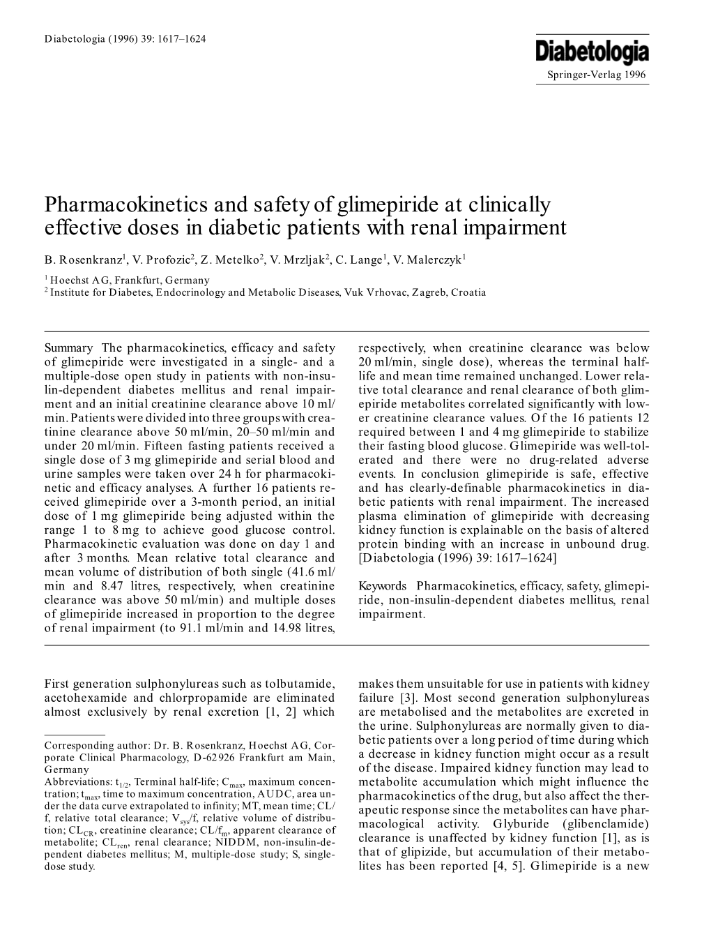 Pharmacokinetics and Safety of Glimepiride at Clinically Effective Doses in Diabetic Patients with Renal Impairment