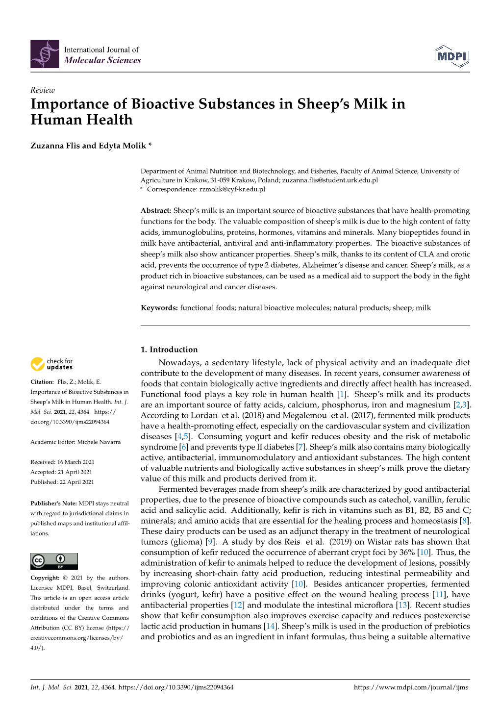 Importance of Bioactive Substances in Sheep's Milk in Human Health