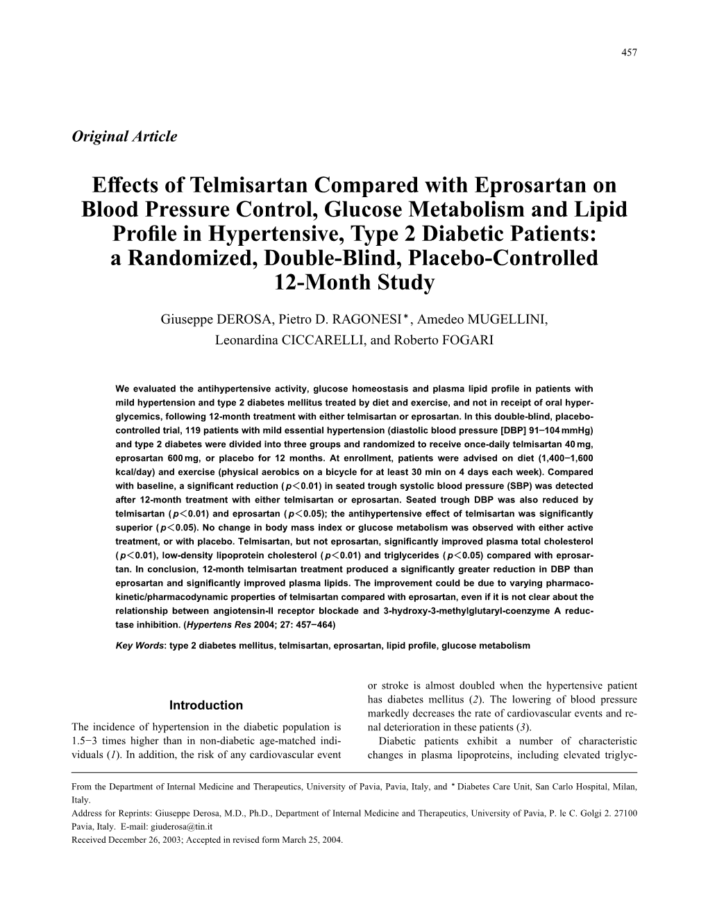 Effects of Telmisartan Compared with Eprosartan on Blood