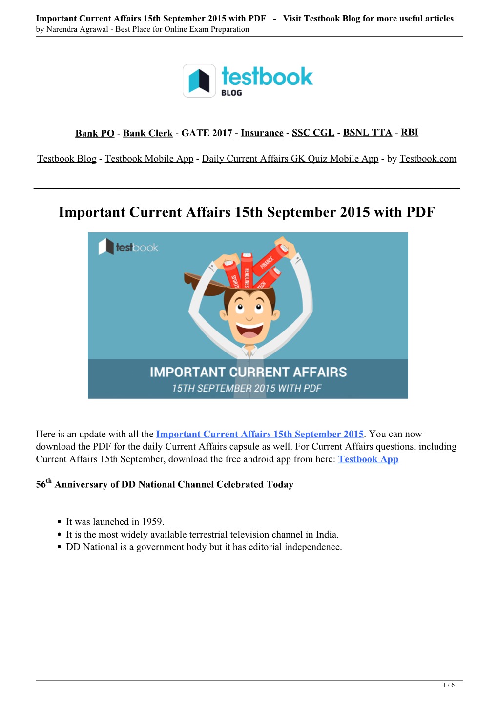Important Current Affairs 15Th September 2015 with PDF - Visit Testbook Blog for More Useful Articles by Narendra Agrawal - Best Place for Online Exam Preparation
