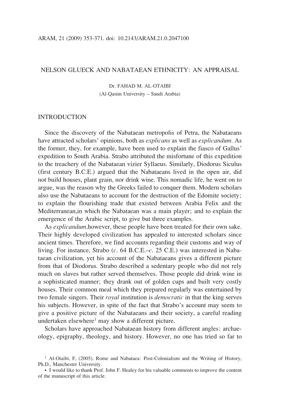 Nelson Glueck and Nabataean Ethnicity: an Appraisal