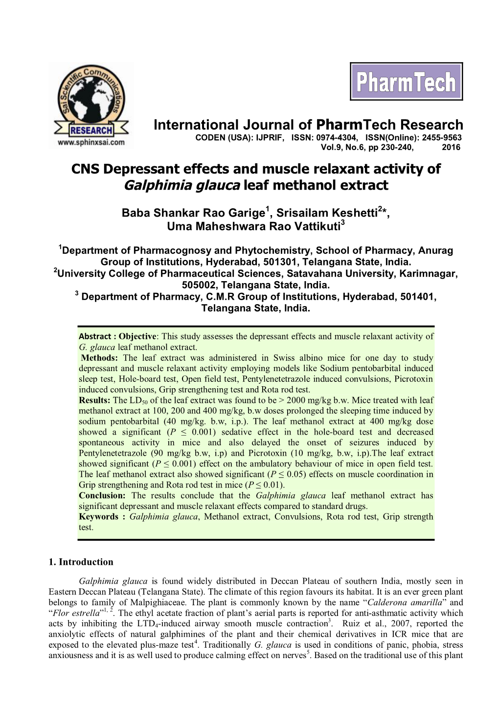CNS Depressant Effects and Muscle Relaxant Activity of Galphimia Glauca Leaf Methanol Extract