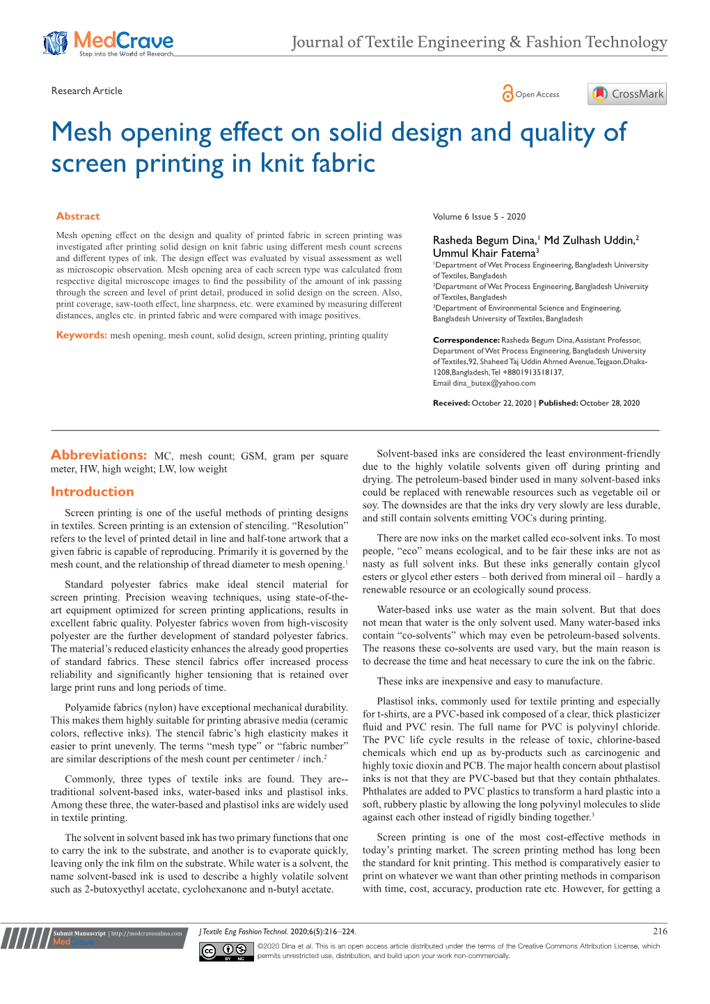 Mesh Opening Effect on Solid Design and Quality of Screen Printing in Knit Fabric