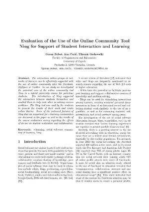 Evaluation of the Use of the Online Community Tool Ning for Support of Student Interaction and Learning