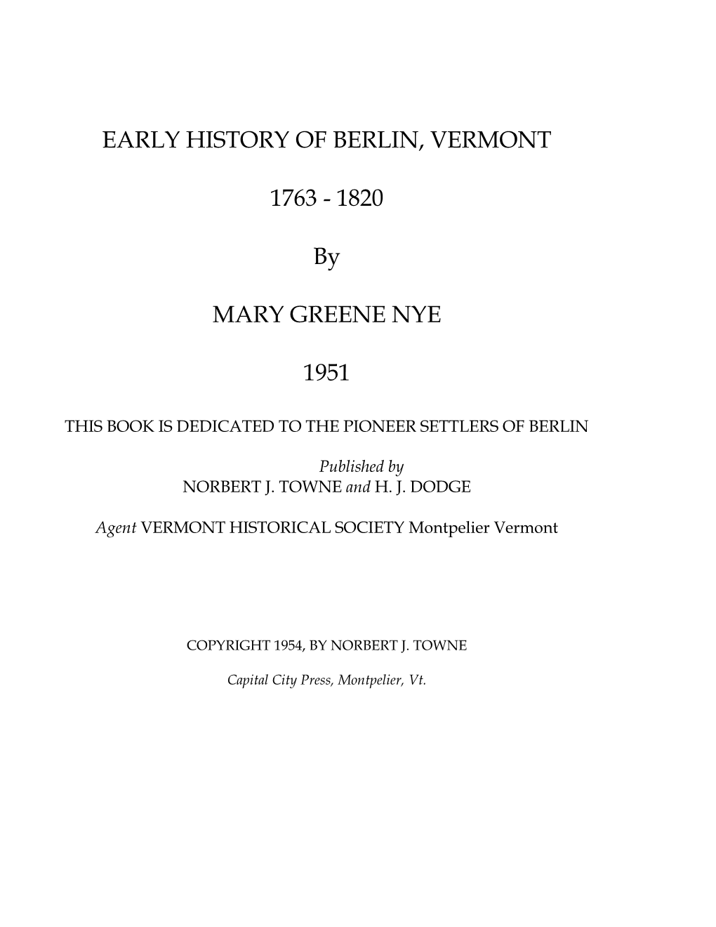 Early History of Berlin, Vermont 1763