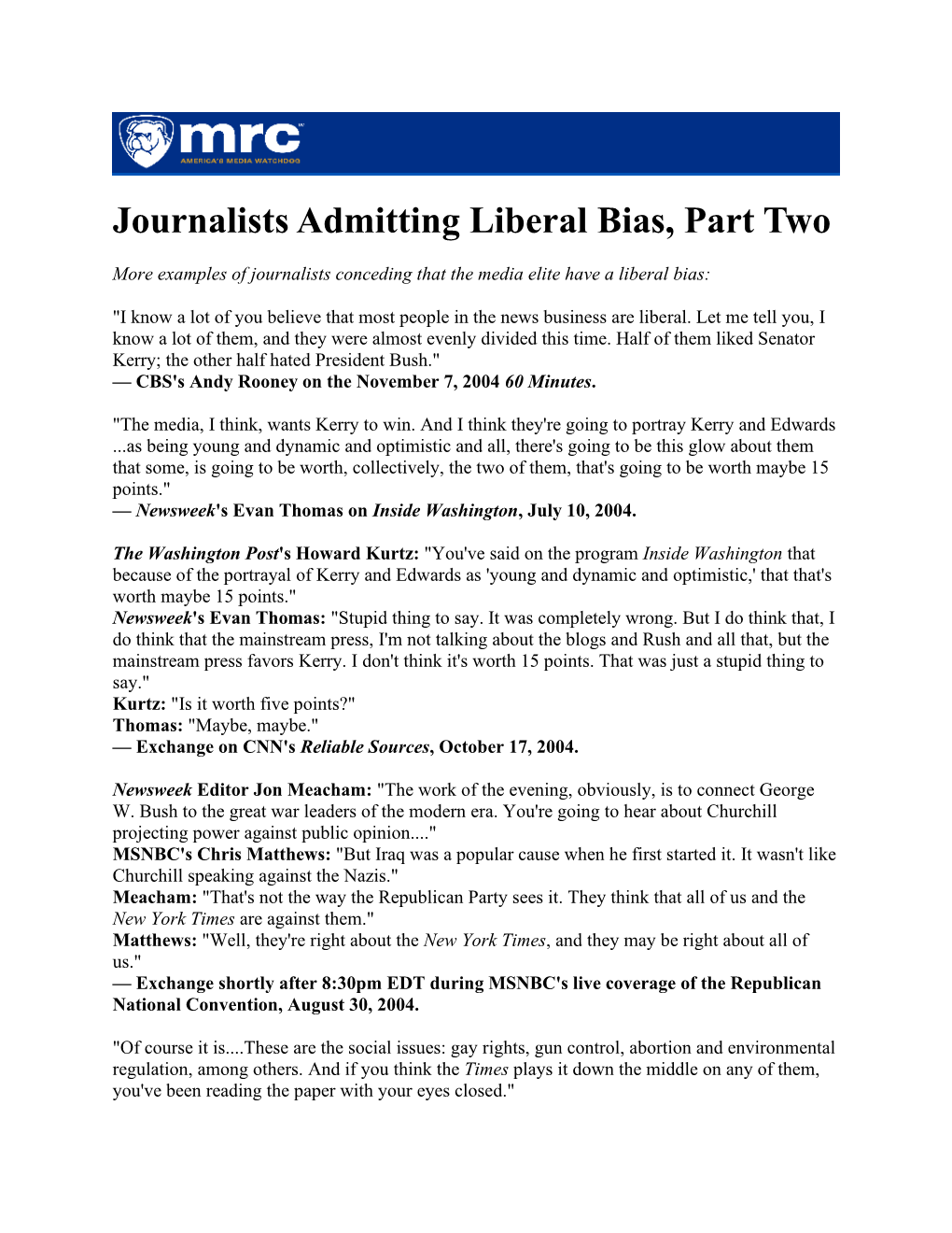 Journalists Admitting Liberal Bias, Part Two