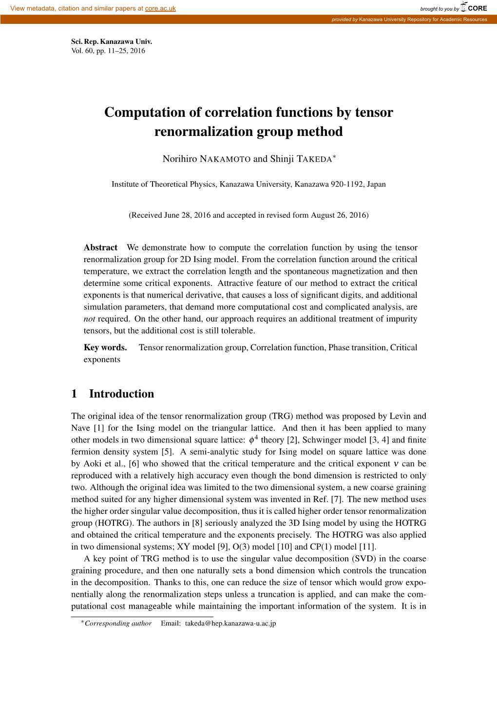 Computation of Correlation Functions by Tensor Renormalization Group Method
